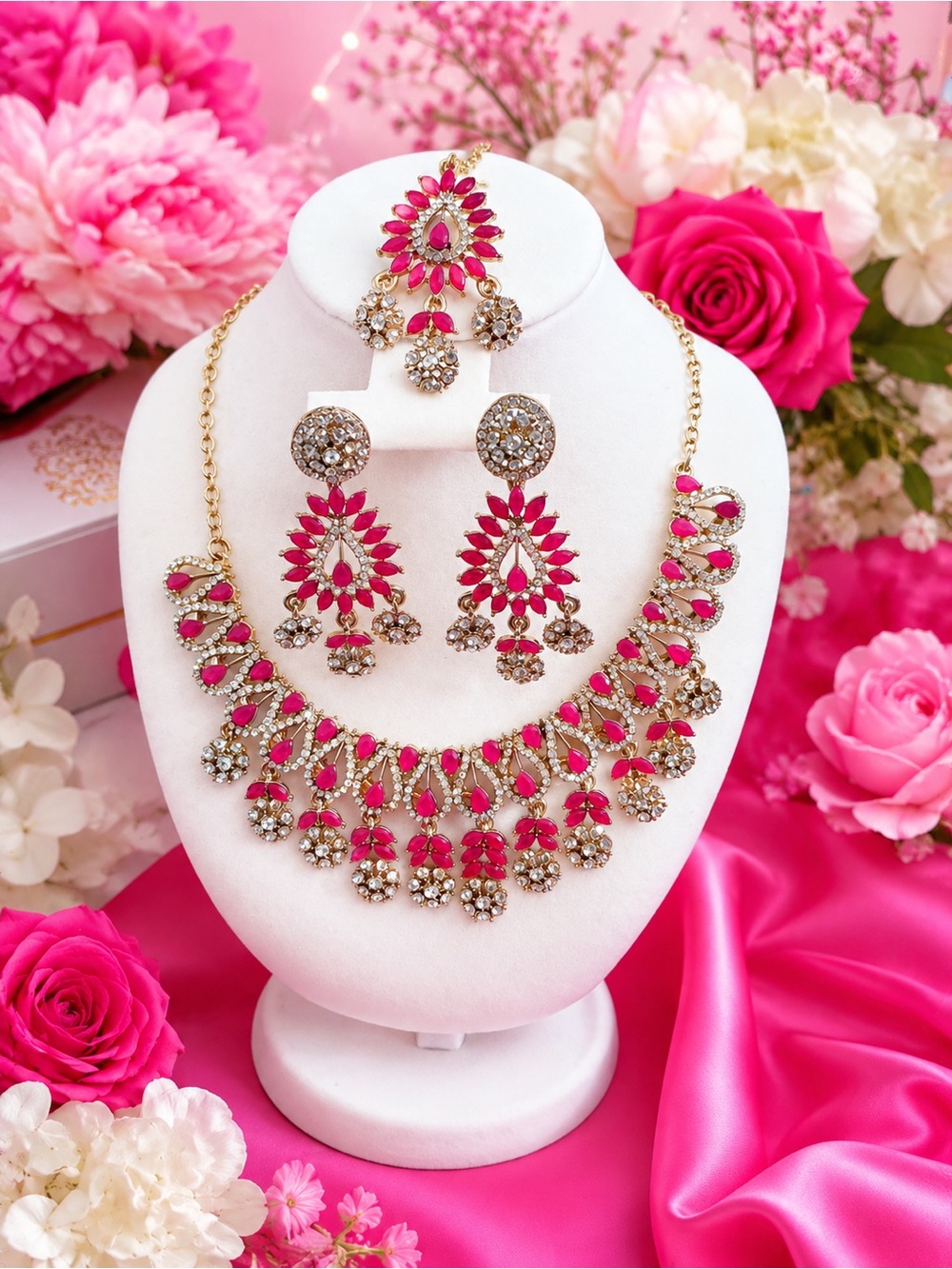 Elegant Pink and Gold Statement Necklace & Earring Set - Women Jewelry